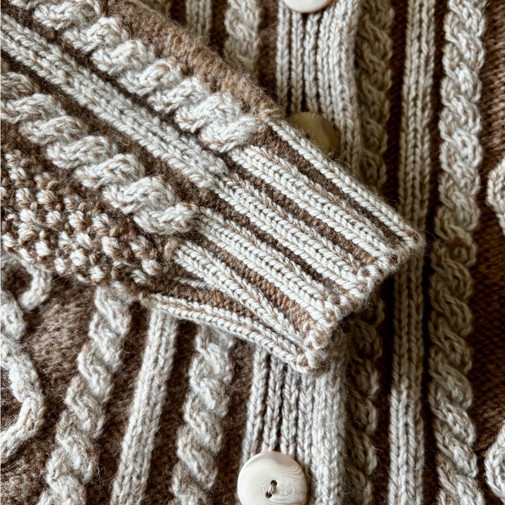 Aran Crafts Cable Knit Cardigan - Cream and Brown -  All Wool - Made in Ireland - Picture 5 of 9